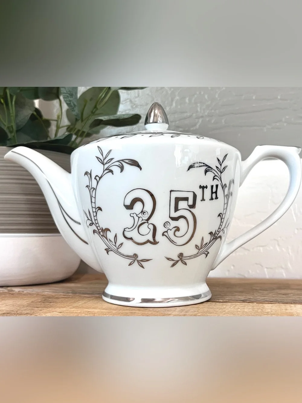 Vintage Lefton China 25th Anniversary Teapot NE279NP White Silver